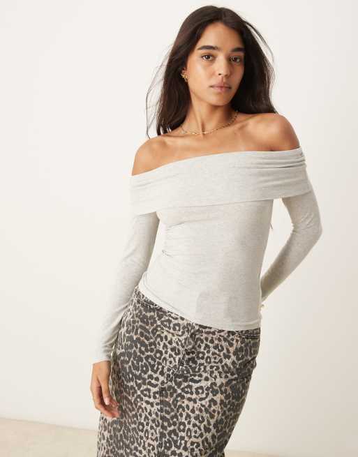Abercrombie & Fitch - Langærmet og grå offshoulder-top med foldet kant