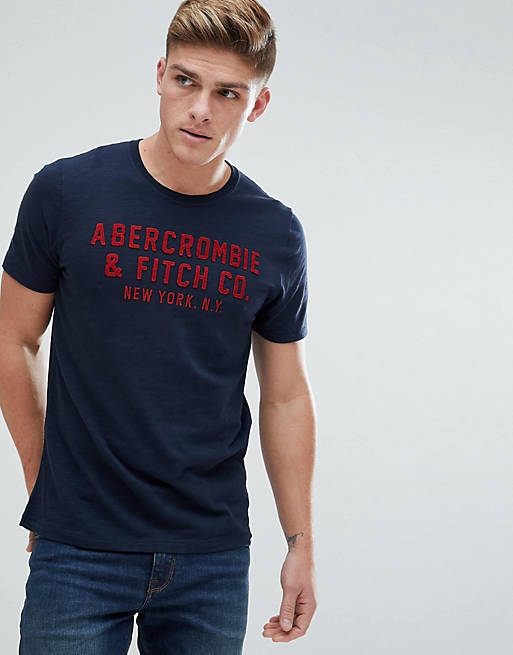 Abercrombie & Fitch Large Flock Logo Applique T-Shirt in Navy | ASOS