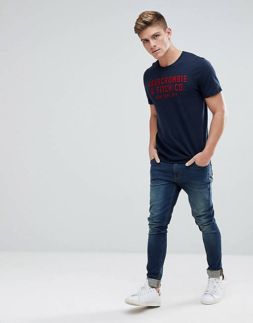 Abercrombie & Fitch Large Flock Logo Applique T-Shirt in Navy | ASOS