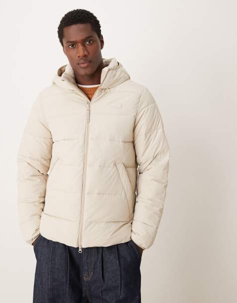 Abercrombie & Fitch – Leichte Pufferjacke in Beige mit Logo und Kapuze - view 1