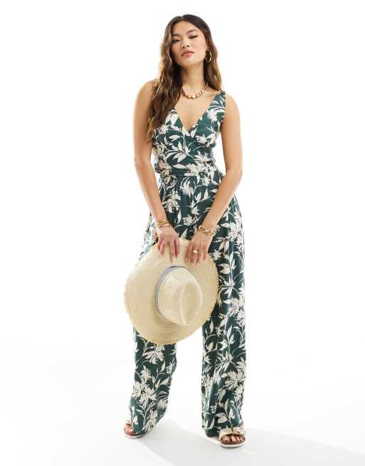 Abercrombie & Fitch – Leinen-Set aus Oberteil und weit geschnittener Hose in Grün mit Blumenmuster