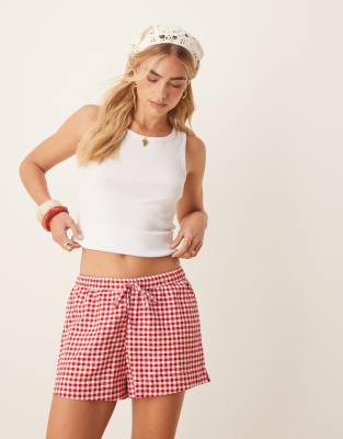 Abercrombie & Fitch - Leinen-Shorts mit Kordelzugbund und rotem Vichy-Karomuster