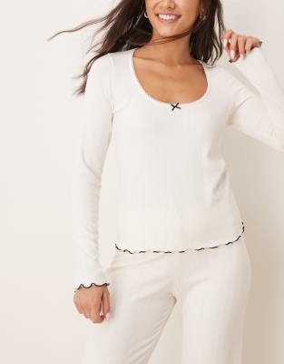 lettuce hem pajama top in cream - part of a set-White