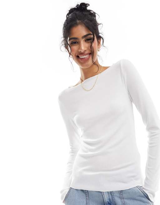 Abercrombie & Fitch - Lichtgewicht top met rechte halslijn en lange mouwen in wit