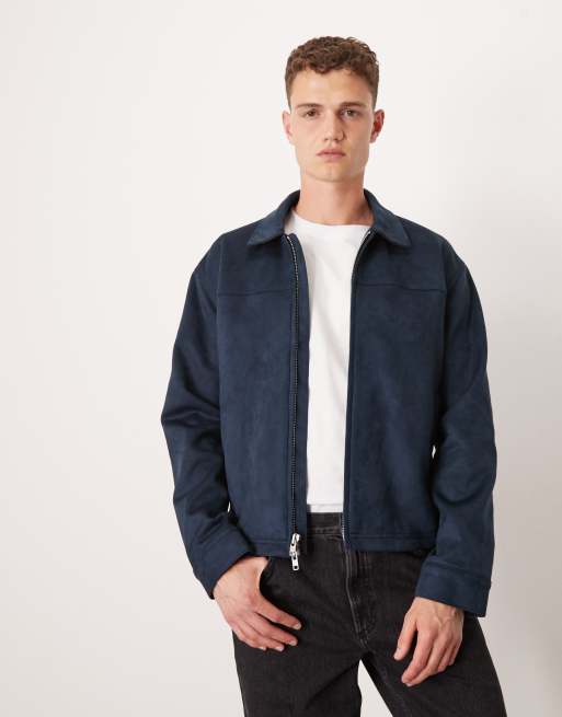 Abercrombie & Fitch lightweight cropped zip suede jacket in navy