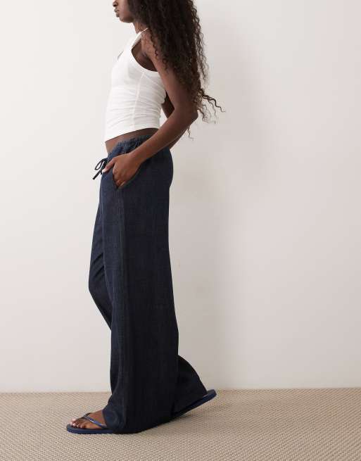 Abercrombie & Fitch lightweight high rise wide leg pull on trousers in indigo, 2 of 5