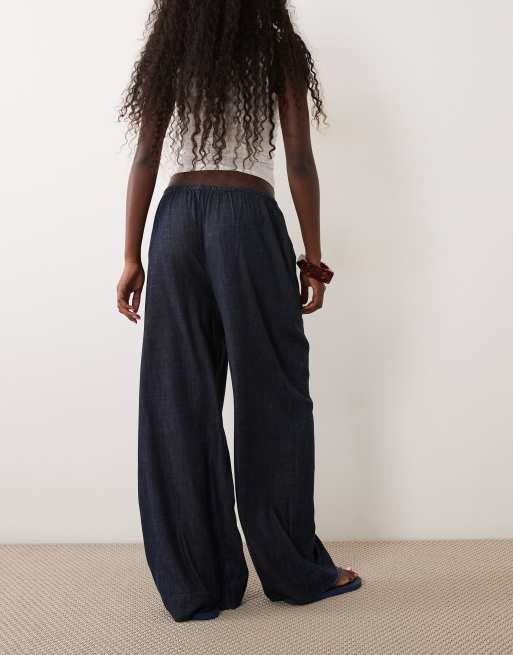 Abercrombie & Fitch lightweight high rise wide leg pull on trousers in indigo, 3 of 5