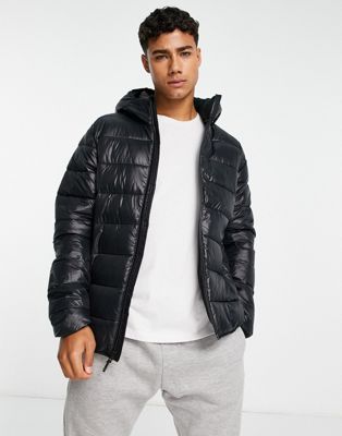 Abercrombie & Fitch lightweight high shine hooded puffer jacket in black