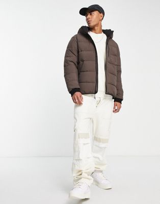 Abercrombie & Fitch lightweight hooded puffer jacket in sierra brown