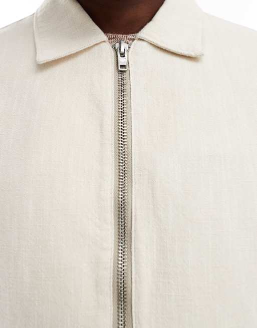 Abercrombie & Fitch lightweight linen look zip front harrington jacket in beige, 4 of 4