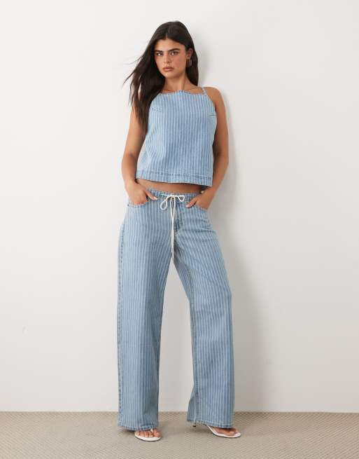 Abercrombie & Fitch lighweight denim wide leg tie up jeans co-ord in blue pinstripe, 3 of 3