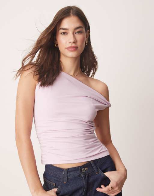Abercrombie & Fitch – Liliowy asymetryczny top z modalu ze skręconym ramiączkiem i odsłoniętym ramieniem