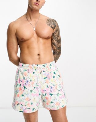 Abercrombie & Fitch lined 5inch  floral swim shorts in white