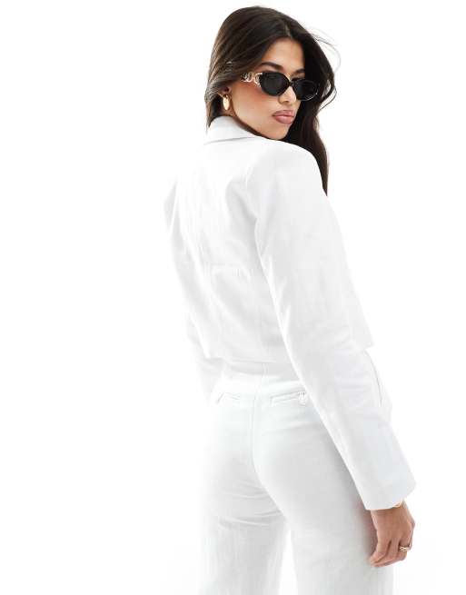 Abercrombie & Fitch linen blend cropped blazer in white mix and match, 2 of 4