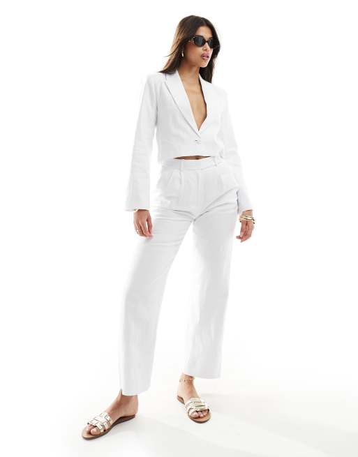 Abercrombie & Fitch linen blend cropped blazer in white mix and match, 3 of 4