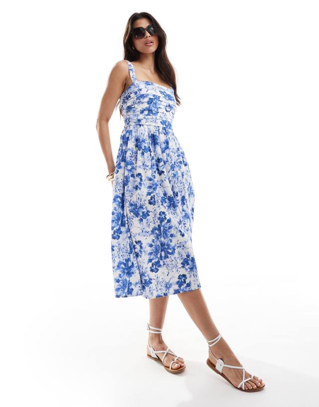 Abercrombie & Fitch - linen blend emerson midi dress in blue floral print