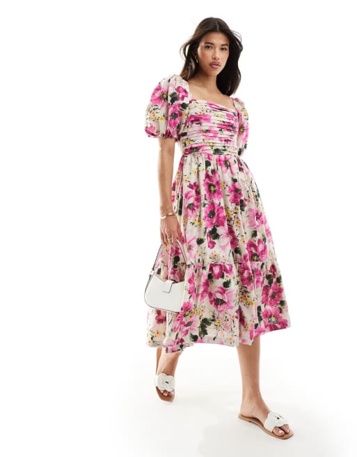 Abercrombie & Fitch linen blend Emerson puff sleeve midi dress in pink floral print