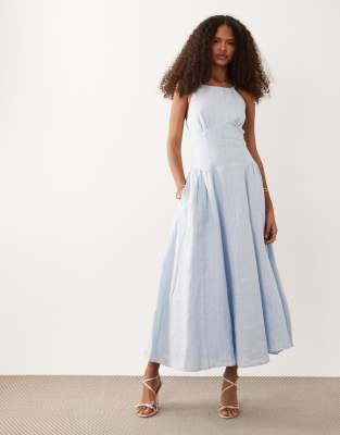 Abercrombie & Fitch Linen Blend High Neck Dipped Waist Maxi Dress In Blue