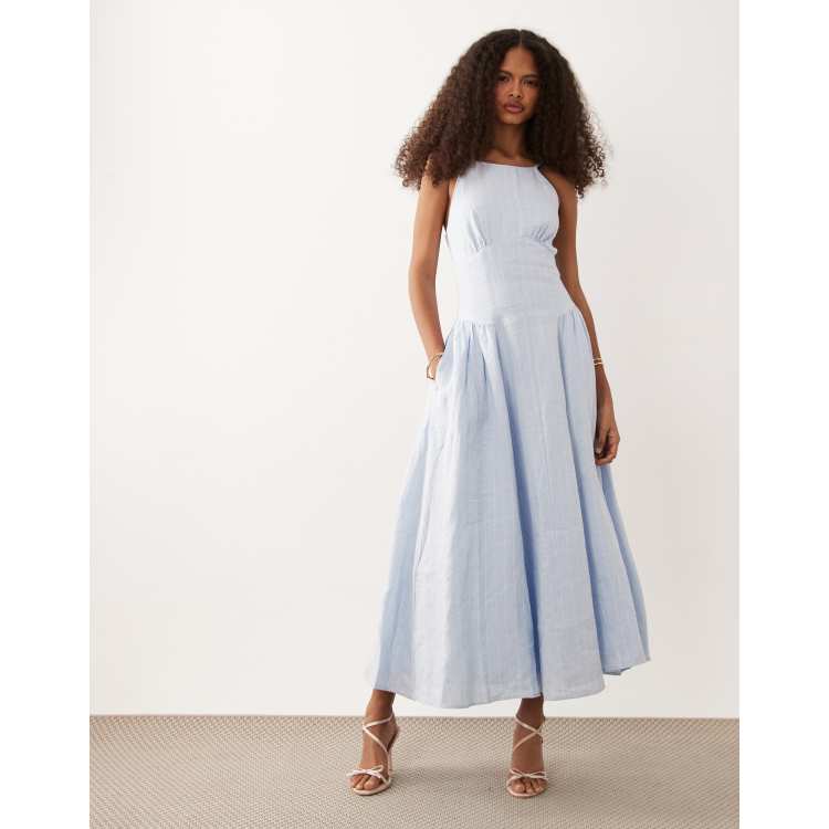 Abercrombie & Fitch linen blend high neck dipped waist maxi dress in light  blue | ASOS