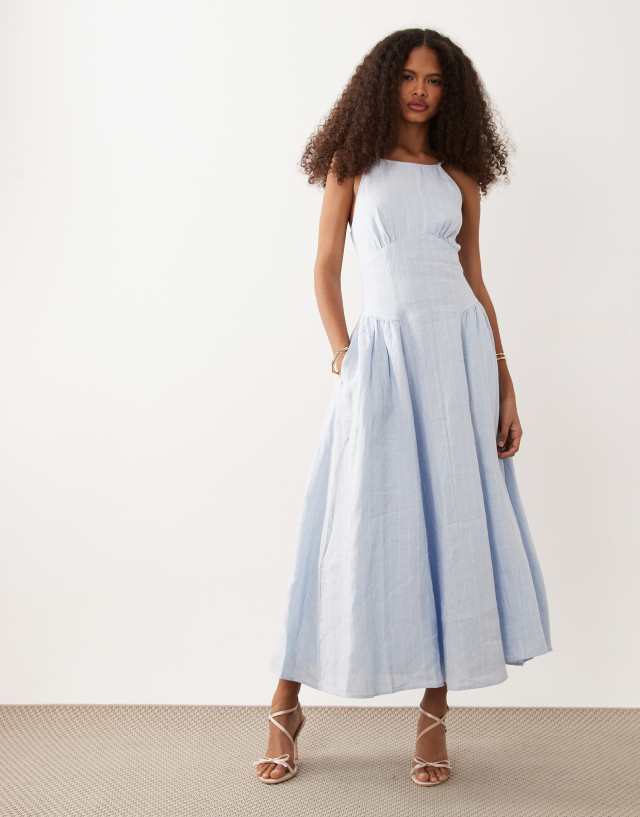 light blue linen maxi dress Abercrombie & Fitch blend high neck dipped waist in Size:6/8 Meta Ads length sleeves and pockets Mermaid Style Bridal Dresses: Visibleartshop