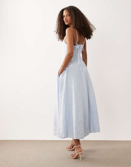 Abercrombie & Fitch linen blend high neck dipped waist maxi dress in light  blue | ASOS