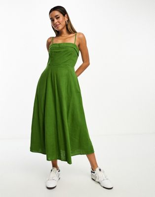 Abercrombie & Fitch linen blend midi dress in green with detachable straps