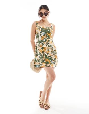 Abercrombie & Fitch Abercrombie & Fitch linen blend mini dress in yellow/green floral print-Multi