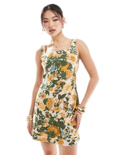 green yellow floral dress Color Me Floral Yellow Multi Floral Print Cotton Zip Front Midi Dress main image 1