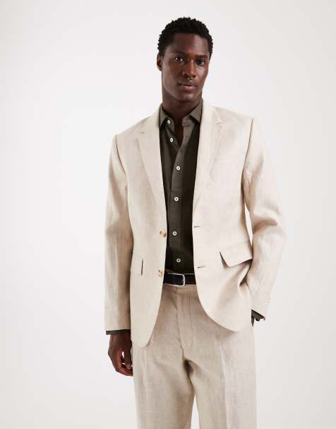 Abercrombie & Fitch linen-blend slim fit single breasted blazer in beige (Part of a set) - view 1