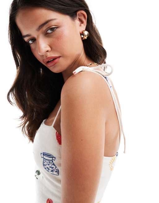 Abercrombie & Fitch linen blend square neck top with picnic print