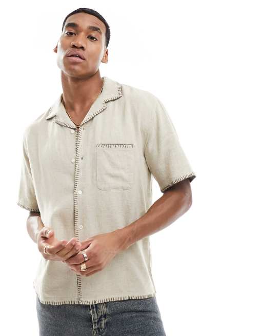 Men's Beige Short Sleeve Linen Blend Shirt, The Taste Maker