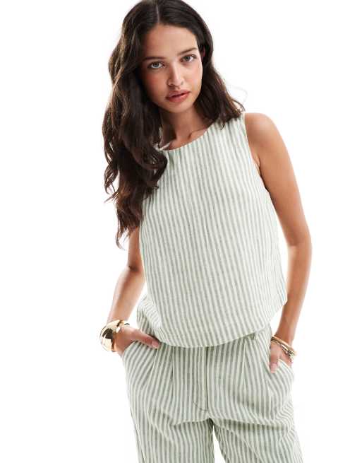 Abercrombie & Fitch linen blend striped top in green and white (part of a set)