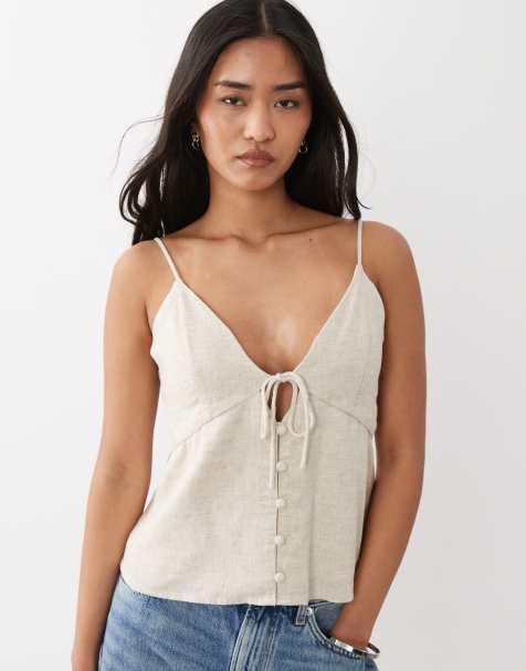 Abercrombie & Fitch linen blend v neck cami top in beige - view 1