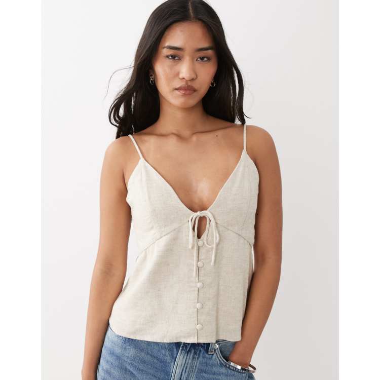 Abercrombie & Fitch linen blend v neck cami top in beige | ASOS