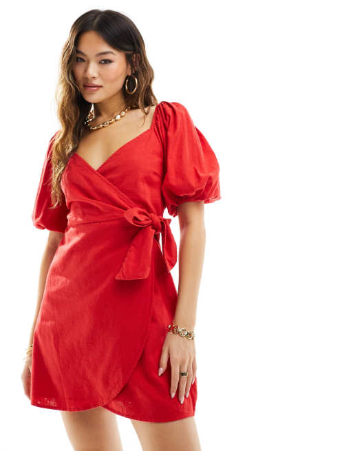 Abercrombie Fitch linen blend wrap dress in red with angel sleeves ASOS