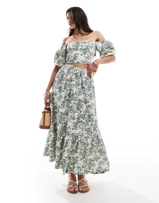 Abercrombie & Fitch linen look tiered maxi skirt in green floral print (part of a set)