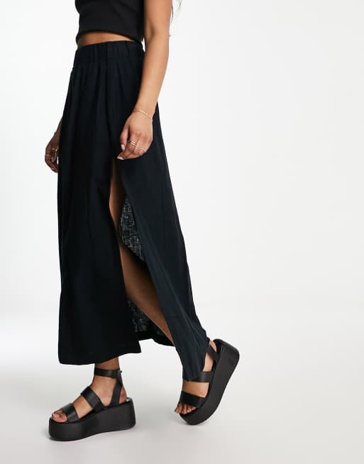 Abercrombie & Fitch linen maxi skirt in black, 2 of 4