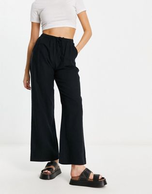 Abercrombie & Fitch linen pull-on wide leg trouser in black