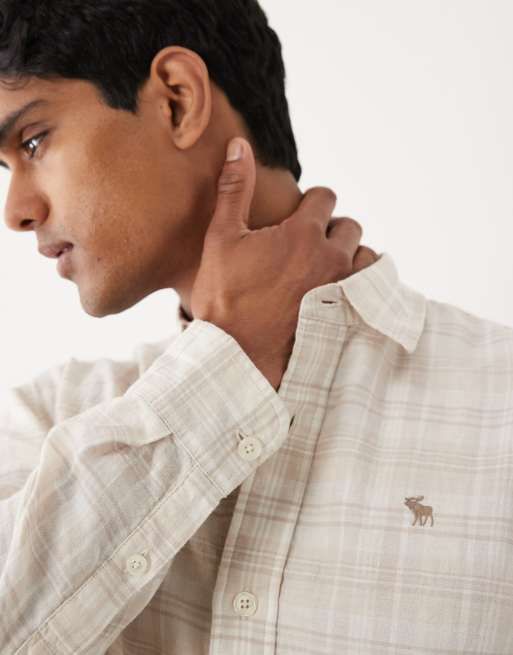 Abercrombie & Fitch linen rich long sleeve shirt in white check, 2 of 5