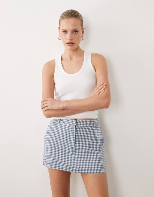 Abercrombie & Fitch linen rich mini skort in blue gingham, 2 of 5