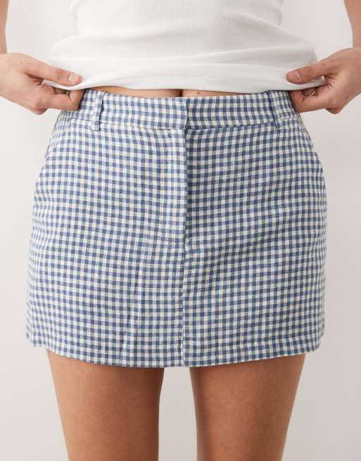 Abercrombie & Fitch linen rich mini skort in blue gingham, 3 of 5