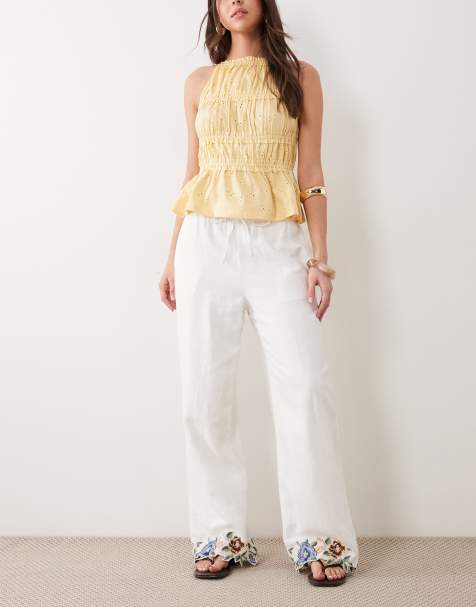 Abercrombie & Fitch linen rich wide leg pull-on pants with embroidered hem in white - view 1