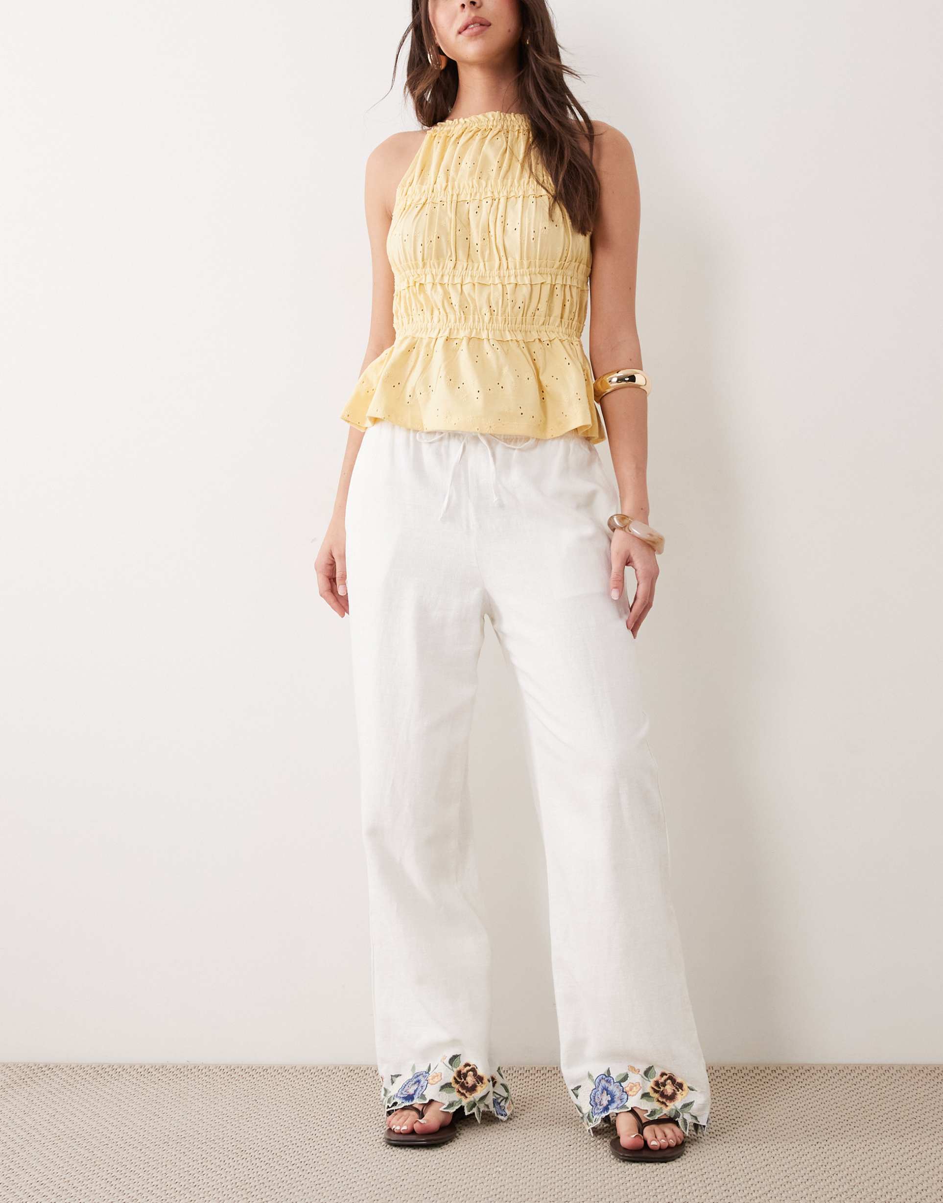 abercrombie & fitch linen rich wide leg pull-on pants with embroidered hem in white