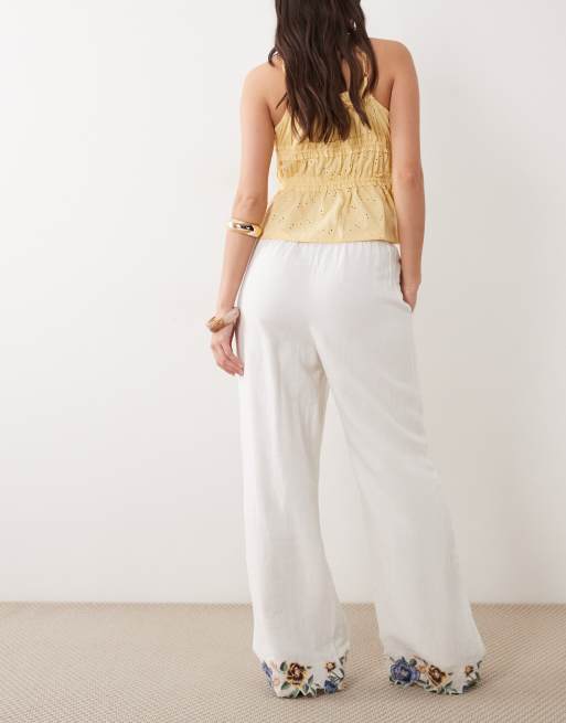 Abercrombie & Fitch linen rich wide leg pull on trousers with embroidered hem in white, 5 of 5