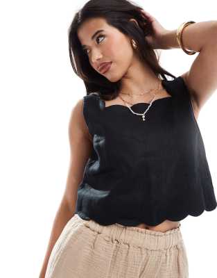  Abercrombie & Fitch linen scallop edge top in black