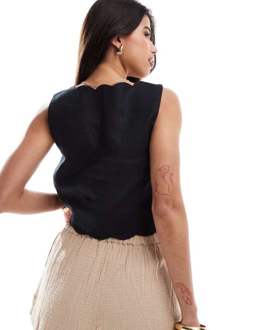 Abercrombie & Fitch linen scallop edge top in black, 2 of 4