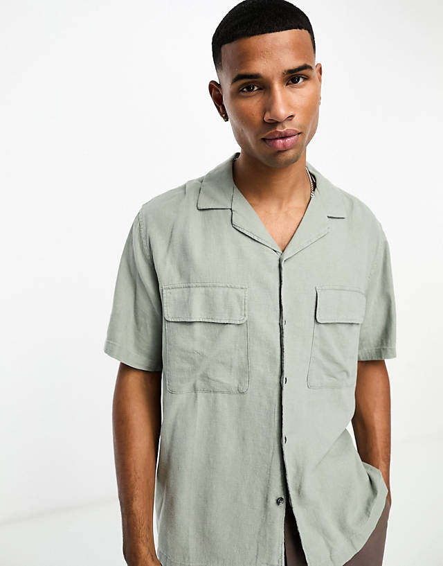 Abercrombie & Fitch - linen short sleeve shirt in green with revere collar
