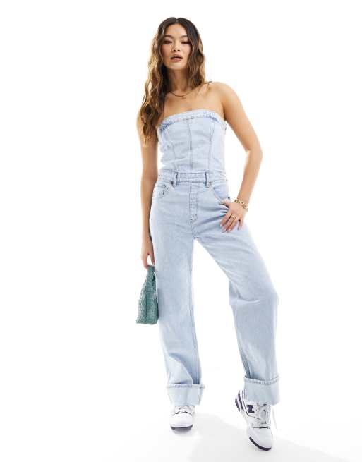 Abercrombie & Fitch – Ljusblå jumpsuit i denim utan axelband