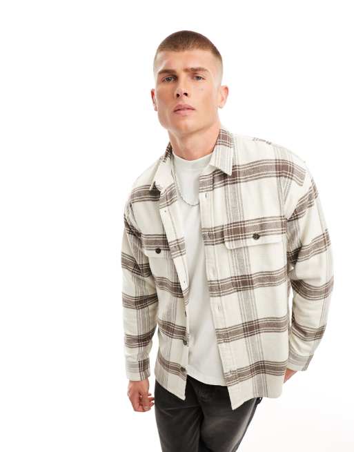 Abercrombie & Fitch – Locker geschnittene Hemdjacke aus grobem Flanell in Creme mit Karomuster