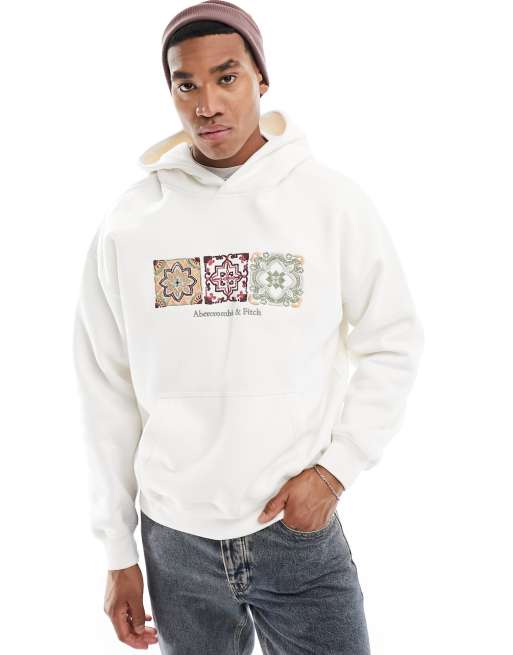 Abercrombie Fitch logo front handcrafted embroidery hoodie in off white